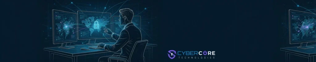 Professional header image for informative article: A professional in business attire sits at a modern desk r...