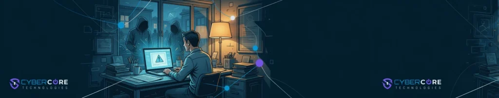 Professional header image for informative article: A small business owner sits at a cluttered desk in a mode...