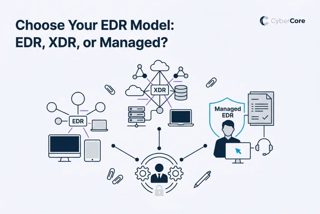 Professional header image for informative article: EDR vs. XDR vs. Managed EDR: Which Model Fits a Small Bus...