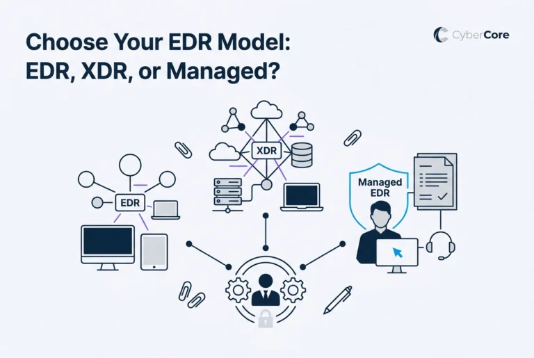Professional header image for informative article: EDR vs. XDR vs. Managed EDR: Which Model Fits a Small Bus...