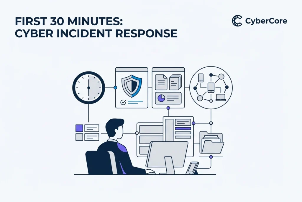 Professional header image for informative article: What to Do in the First 30 Minutes After a Suspected Cybe...