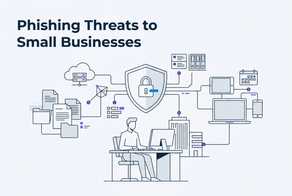 Professional header image for informative article: Phishing Attacks: What Small Businesses Face in 2026
