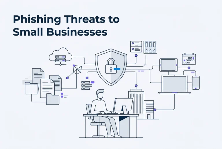 Professional header image for informative article: Phishing Attacks: What Small Businesses Face in 2026