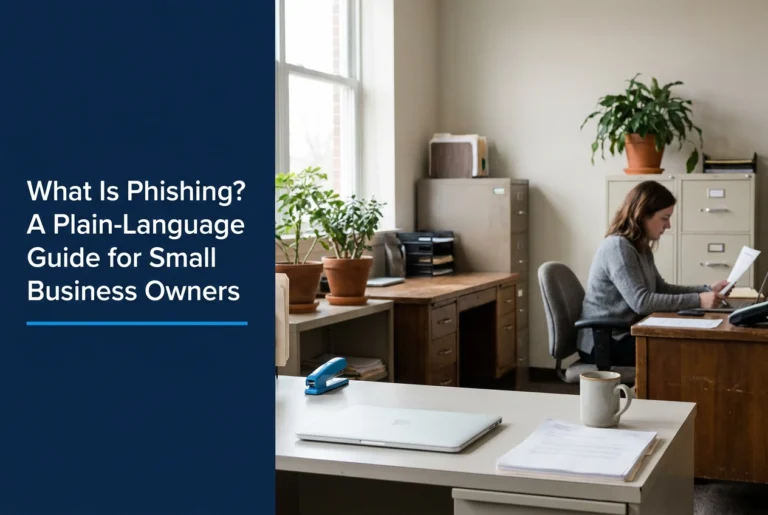 Professional header image for informative article: What Is Phishing? A Plain-Language Guide for Small Busine...